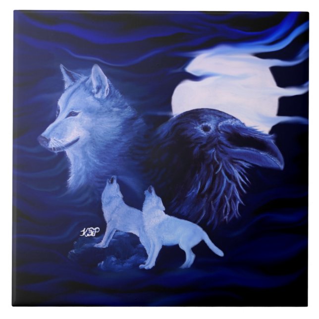 Wolves and Raven with full moon Tile (Front)