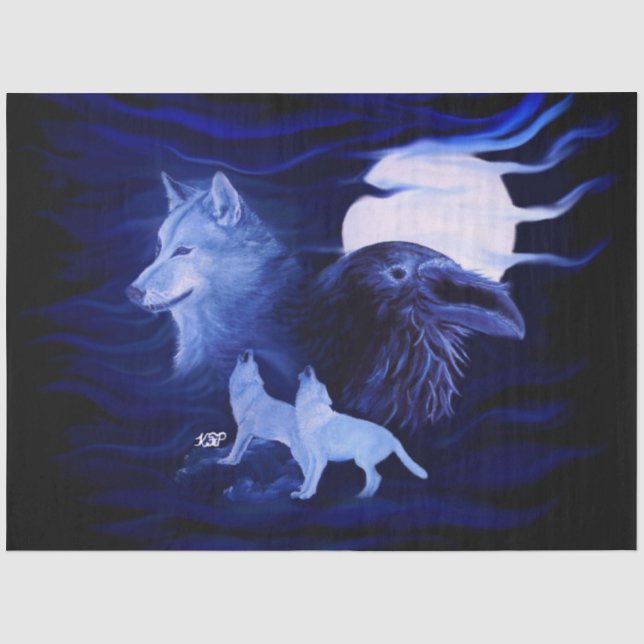 Wolves and Raven with full moon Tissue Paper (Front)
