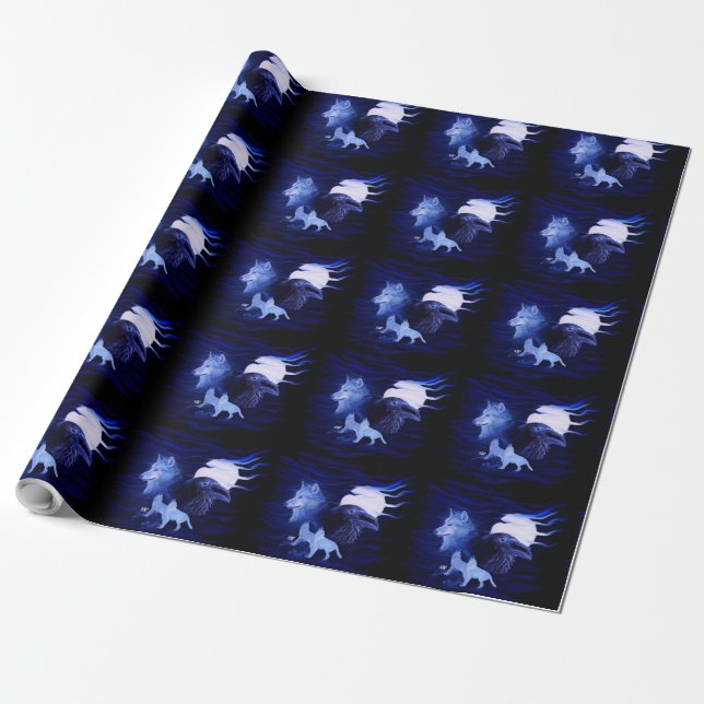 Wolves and Raven with full moon Wrapping Paper (Unrolled)