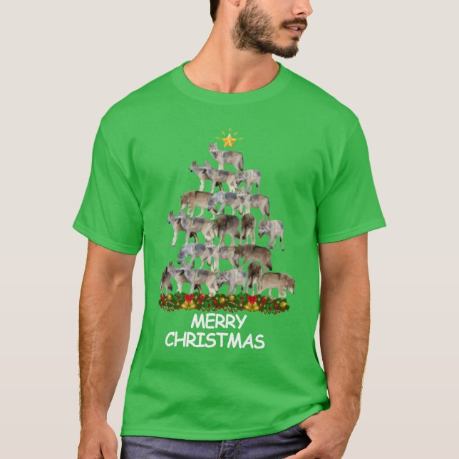 Wolves Christmasree Merry Christmas funny T-Shirt (Front)