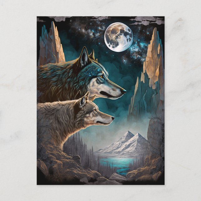 Wolves Full Moon Fantasy Landscape Postcard (Front)