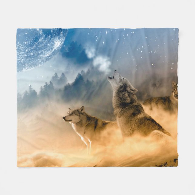 Wolves Howling at a Full Moon Fleece Blanket (Front (Horizontal))