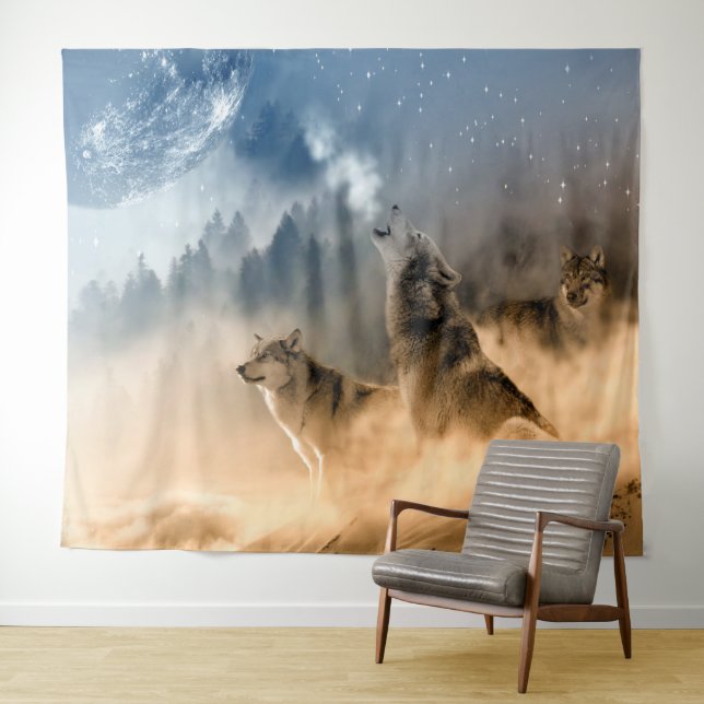 Wolves Howling At The Moon / Beautiful Wolves Tapestry (In Situ (Horizontal))