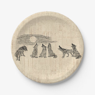 Wolves Howling at the Moon Vintage Wolf Art Paper Plate