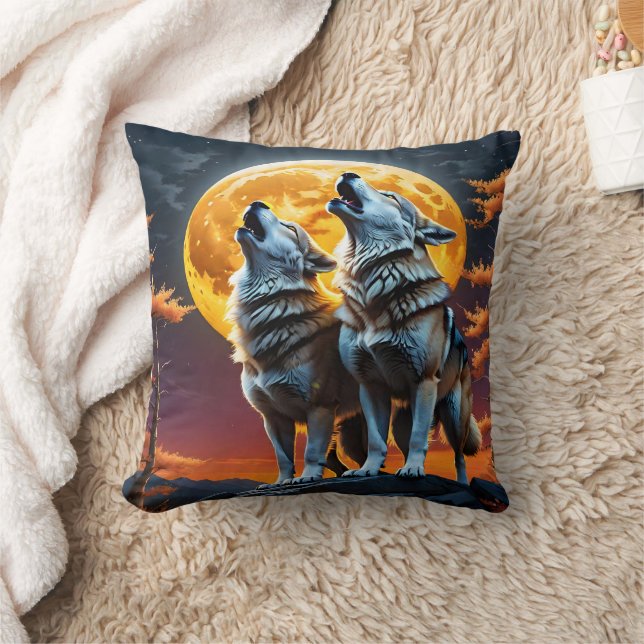Wolves Howling Under a Glowing Full Moon Cushion (Blanket)