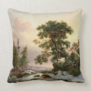 Wolves in a Winter Landscape (oil on panel) Cushion