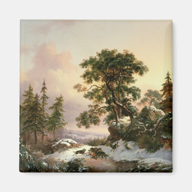 Wolves in a Winter Landscape (oil on panel) Magnet (Front)