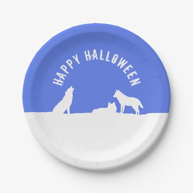 Wolves in Snow, Happy Halloween Paper Plate (Front)