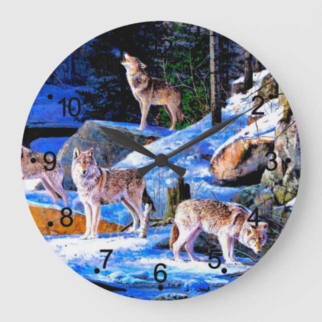 Wolves in snow painting large clock (Front)