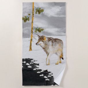 Wolves in Snow Painting - Original Wildlife Art Beach Towel