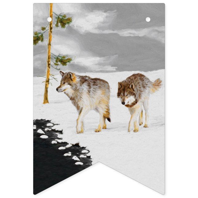 Wolves in Snow Painting - Original Wildlife Art Bunting (First Flag)