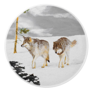 Wolves in Snow Painting - Original Wildlife Art Ceramic Knob
