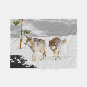 Wolves in Snow Painting - Original Wildlife Art Fleece Blanket
