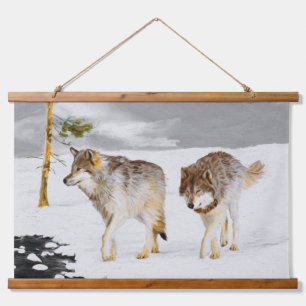 Wolves in Snow Painting - Original Wildlife Art Hanging Tapestry