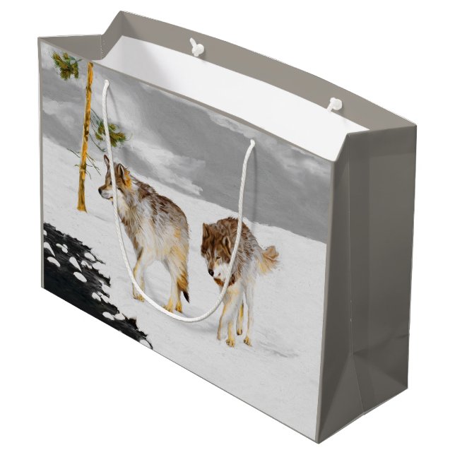 Wolves in Snow Painting - Original Wildlife Art Large Gift Bag (Back Angled)