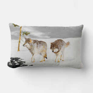 Wolves in Snow Painting - Original Wildlife Art Lumbar Cushion