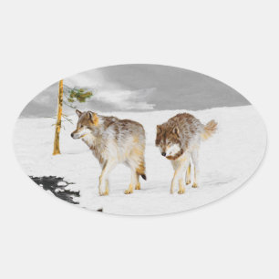 Wolves in Snow Painting - Original Wildlife Art Oval Sticker