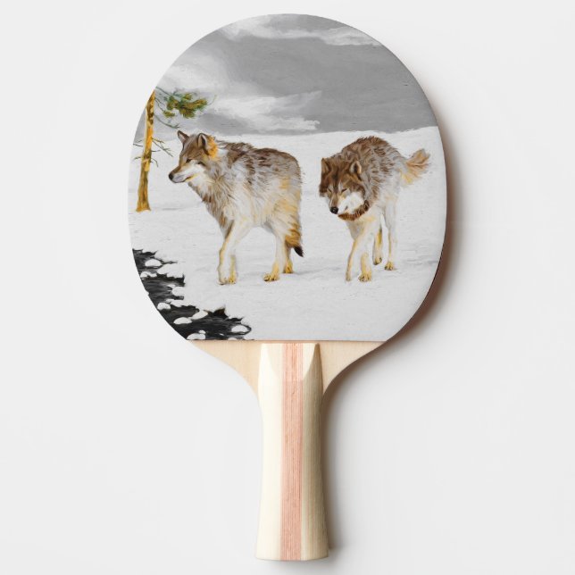 Wolves in Snow Painting - Original Wildlife Art Ping Pong Paddle (Front)