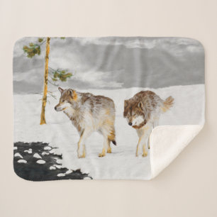 Wolves in Snow Painting - Original Wildlife Art Sherpa Blanket