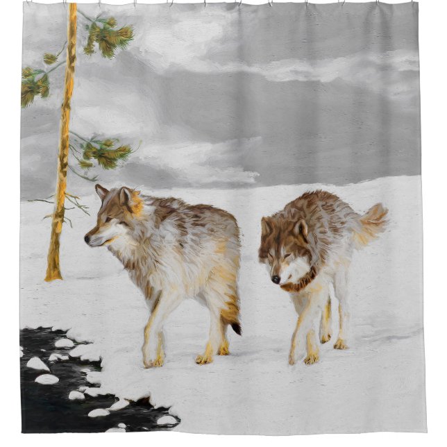 Wolves in Snow Painting - Original Wildlife Art Shower Curtain (Front)