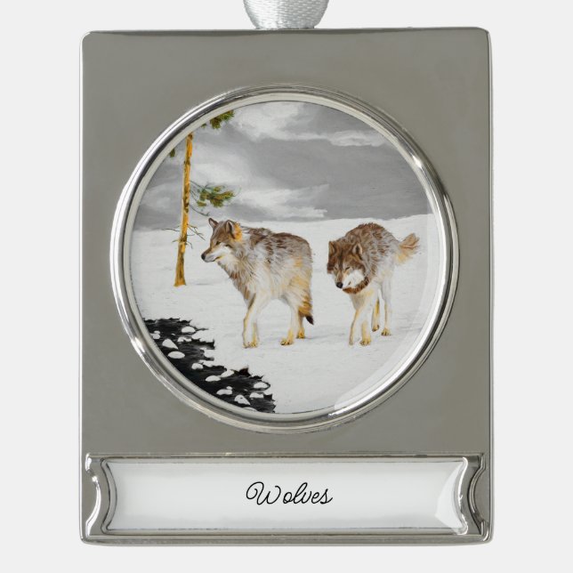Wolves in Snow Painting - Original Wildlife Art Silver Plated Banner Ornament (Front)