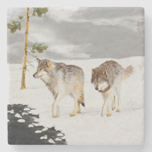 Wolves in Snow Painting - Original Wildlife Art Stone Coaster