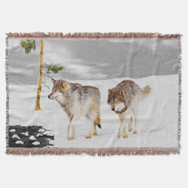 Wolves in Snow Painting - Original Wildlife Art Throw Blanket (Front)