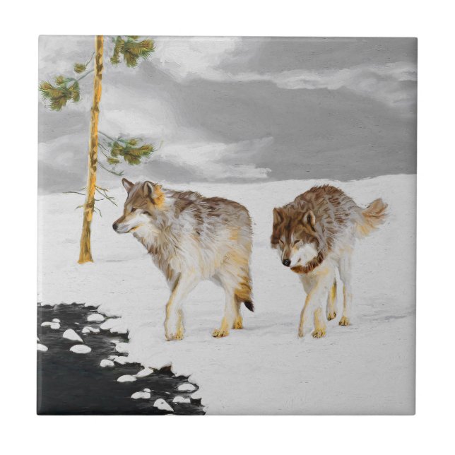 Wolves in Snow Painting - Original Wildlife Art Tile (Front)