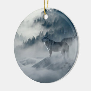 Wolves in Snowy Winter Landscape Ceramic Tree Decoration