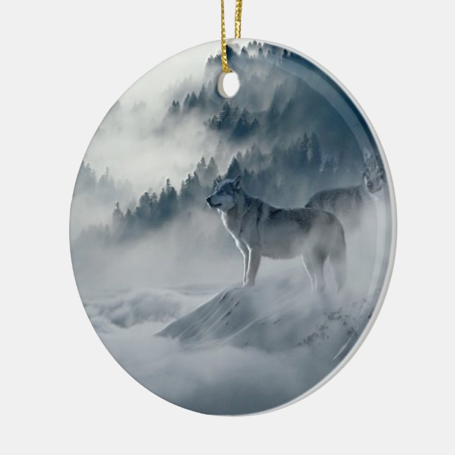 Wolves in Snowy Winter Landscape Ceramic Tree Decoration (Left)