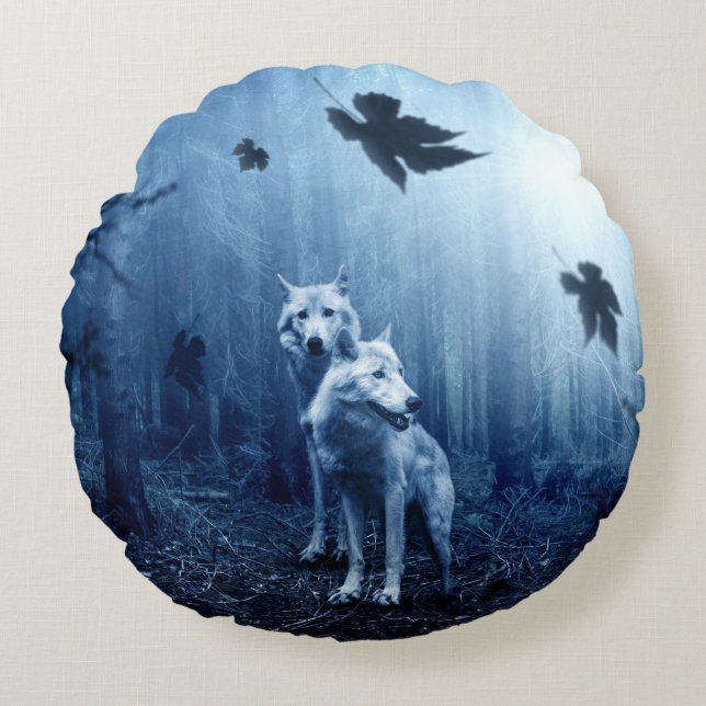 Wolves in the Forest at Dawn Round Cushion (Front)