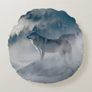 wolves in the mist round cushion