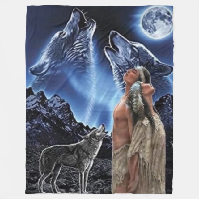 WOLVES, MOON & NATIVE AMERICANS FLEECE BLANKET (Front)