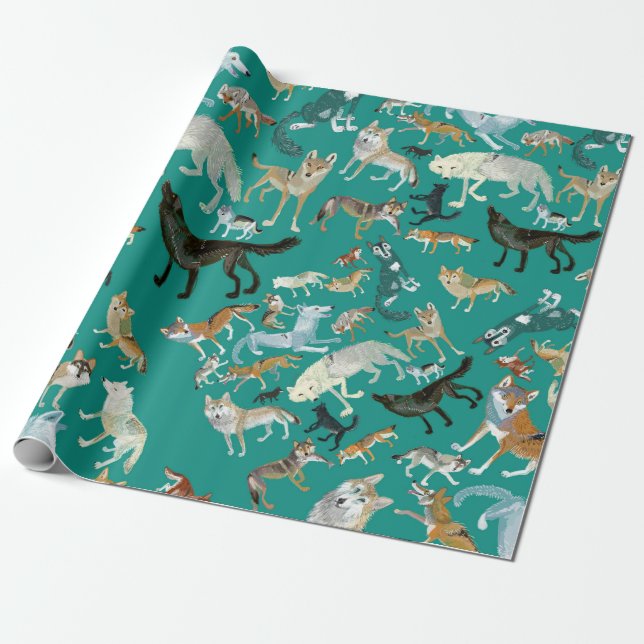 Wolves of the World Green Pattern Wrapping Paper (Unrolled)