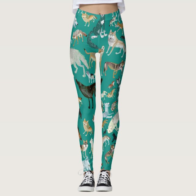 Wolves of the world Turquoise pattern Leggings (Front)