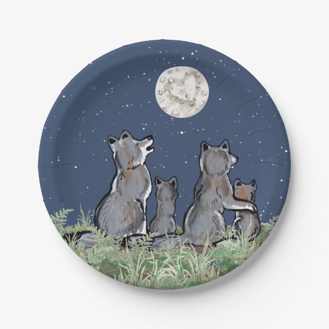 Wolves Wolf Howling at Moon, Night Stars Animal Paper Plate (Front)