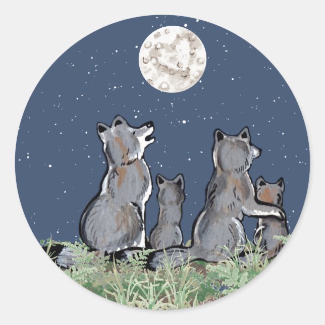 Wolves Wolf Pack Howling at Moon, Night Stars Classic Round Sticker (Front)
