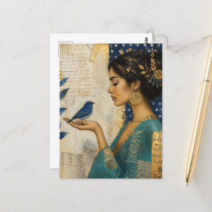 Woman and a Blue Bird Collage Postcard