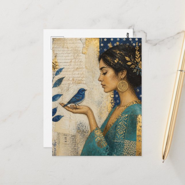 Woman and a Blue Bird Postcard (Front/Back In Situ)