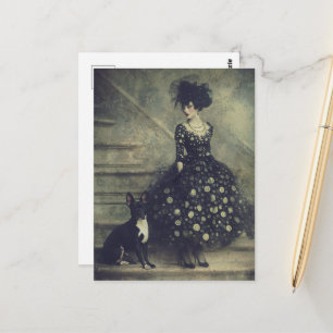Woman and a Cute Dog on Stairs Postcard