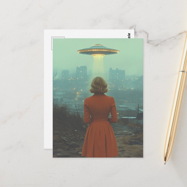Woman and a UFO Postcard (Front/Back In Situ)