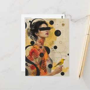 Woman and a Yellow Bird Collage Postcard