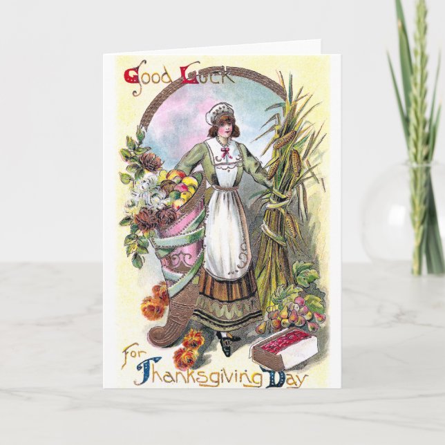 Woman and Autumn Bounty Vintage Thanksgiving Holiday Card (Front)