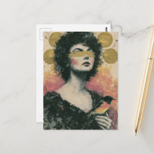 Woman and Bird Mixed Media Collage Postcard