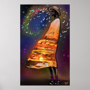 Woman and Birds Art Sunset Poster Print - Painting