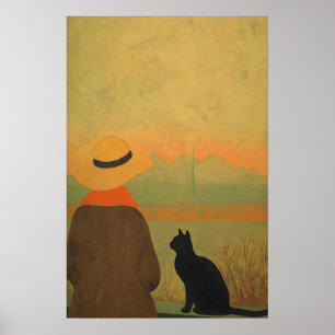 Woman and Black Cat Giclée Print Serene Minimalist