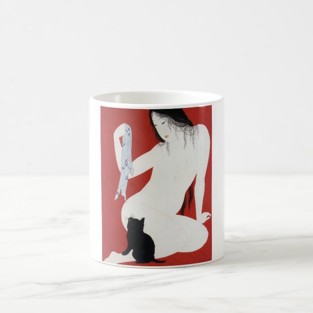 Woman and Black Kitten, Takahashi Shotei Coffee Mug (Center)