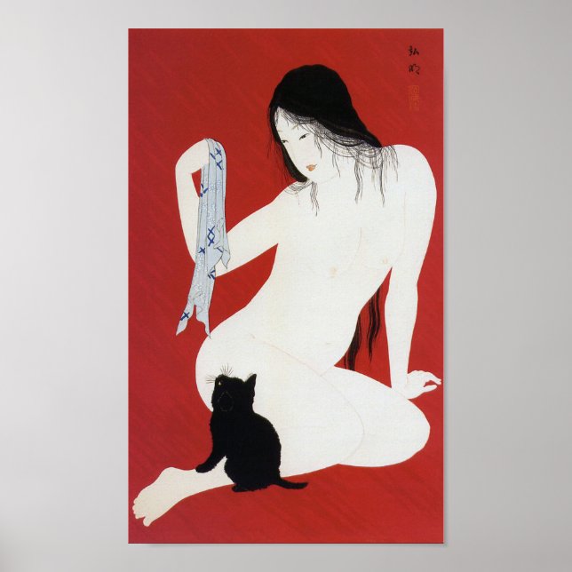 Woman and Black Kitten, Takahashi Shotei Poster (Front)