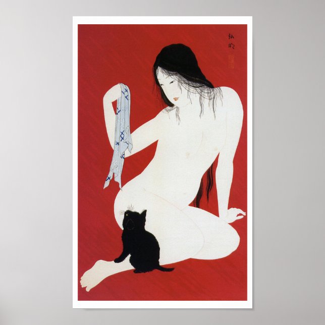 Woman and Black Kitten, Takahashi Shotei Poster (Front)