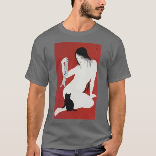 Woman and Black Kitten, Takahashi Shotei T-Shirt (Front)
